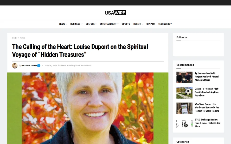 Screenshot of the USA Wire feature page headlined The Calling of the Heart: Louise Dupont on the Spiritual Voyage of Hidden Treasures, with the byline and a portrait photo of the author