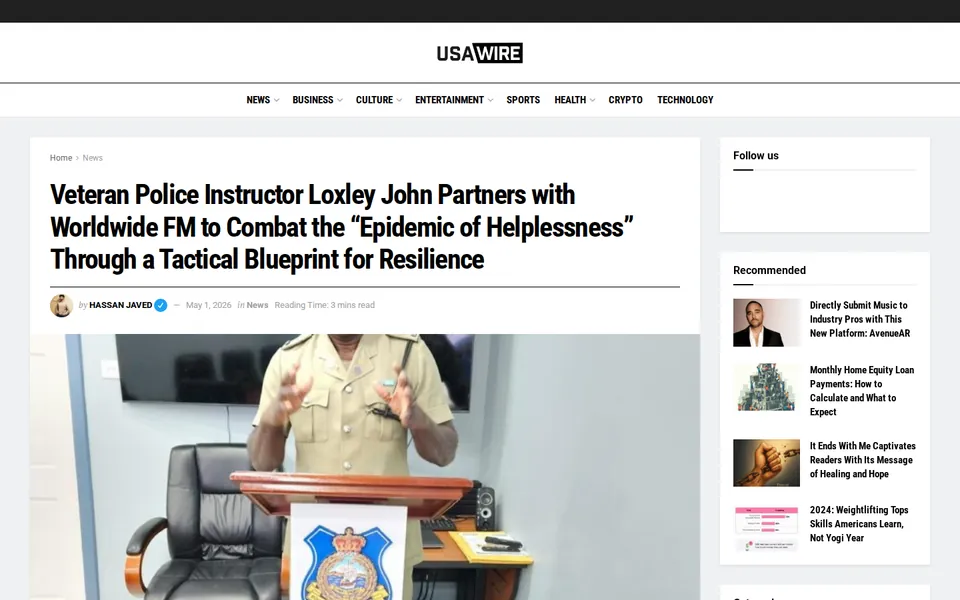 Screenshot of the USA Wire feature page about veteran police instructor Loxley John, showing the headline, byline and a photo of the author speaking at a lectern