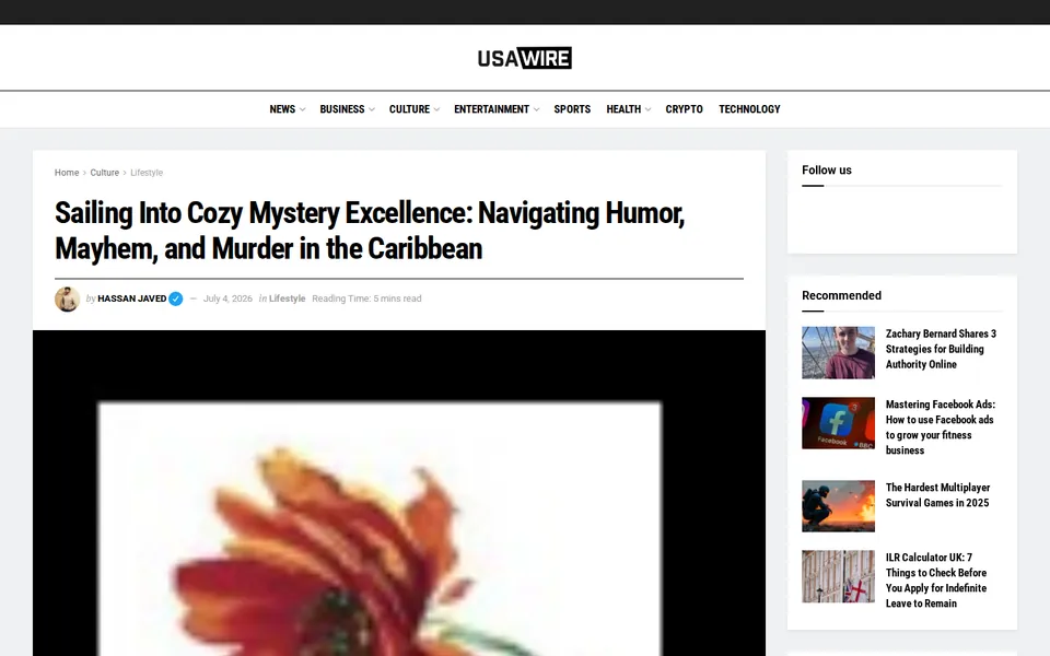 Screenshot of the USA Wire feature page headlined Sailing Into Cozy Mystery Excellence: Navigating Humor, Mayhem, and Murder in the Caribbean, with the byline and the RM Howe logo artwork